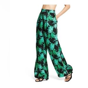 High-Waist Wide Leg Tropical Print Pants - Green/Black
